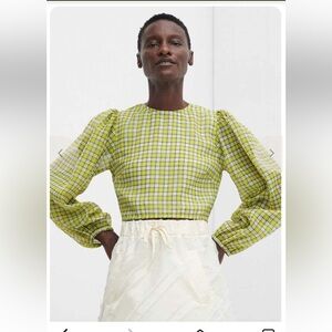 Like New GANNI Organza Plaid Puffed Sleeve Cropped Top Blouse. Size Small (4)